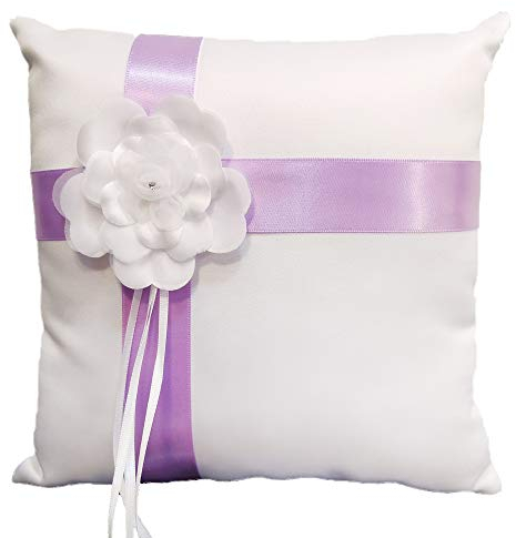 Ringkissen für die Hochzeit Weiß Lila, Kissen für Trauringe mit Blüte und Satinschleife in Flieder, quadratisch, 20 cm