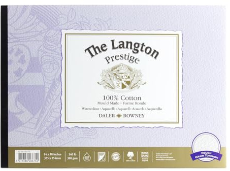 Daler-Rowney The Langton Prestige Watercolour Paper, Rough, 300 gsm, 140lb, Pad, Glued 4 Sides, 14 x 10in - 35.6 x 25.4 cm, Natural White, 12 Sheets