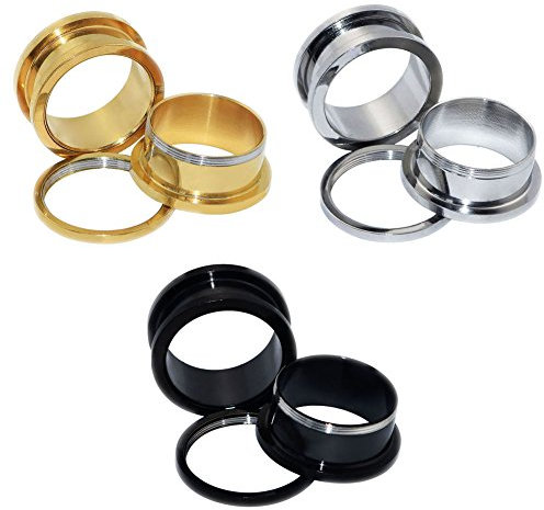 D&Min Jewelry 3 Paare/6er Set Edelstahl Schraub Tunnel Plugs Ear Stretcher Gold&Silber&Schwarz 2g(6mm)