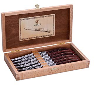 LAGUIOLE - Box mit 6 Tischmessern in braunem Pakka-Holzgriff - Edelstahl - Box mit Tischmessern für alle Anlässe geeignet.