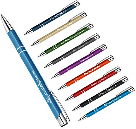 polar-effekt 10 Stück Metall Oleg Kugelschreiber mit Gravur des Namens - Personalisierte Geschenk-Idee Mitbringsel - blau schreibend - Farbe hellblau