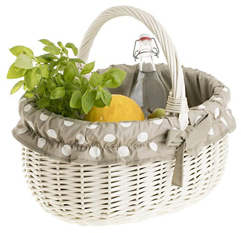 e-wicker24 Alles aus Weide Panier ovale en osier blanc avec tissu beige à pois bordure, gondole, basket, panier pour ramasser les champignons, les fruits et les légumes(Blanc_3)
