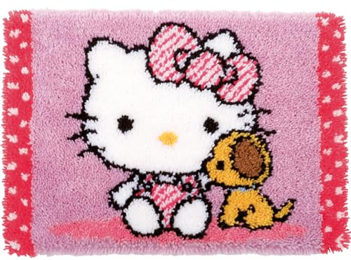 VERVACO Knüpfteppich Set DIY Handarbeit Set Knüpfset für Anfänger HELLO KITTY Teppich zum Selber Knüpfen Basteln Erwachsene Kreativ 55 x 38 cm Latch Hook Kit Knüpfhaken Zubehör Haus Dekoration