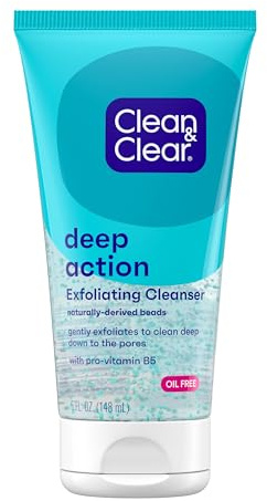 Clean & Clear Deep Action Exfoliating Face Wash Scrub with Pro-Vitamin B5, Daily Exfoliating Facial Cleanser Cleans Deep Down to Pores for Smooth Skin, Oil-Free and Paraben-Free, 5 fl. Oz