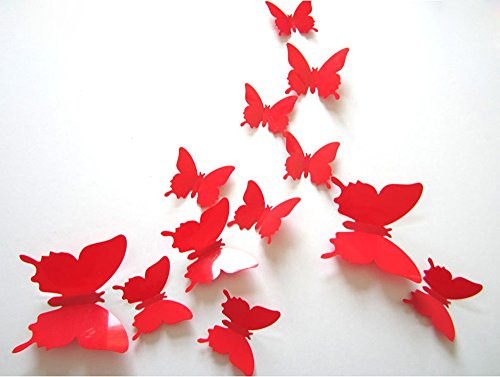 ufengke® 12 TLG 3D Schmetterlinge Wandsticker Mode-Design DIY Schmetterlingskunst Abziehbilder Handwerk Hauptdekoration, Rot