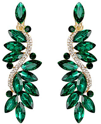 Clearine Wedding Bridal Statement Costume Crystal Diamante Marquise Flower Chandelier Clip-On Dangle Earrings Green Emerald Colour Gold-Tone