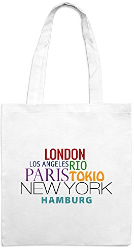 Jutebeutel mit Stadtnamen Hamburg - Motiv Famous Cities in The World - Farbe weiß - Stoffbeutel, Jutesack, Hipster, Beutel