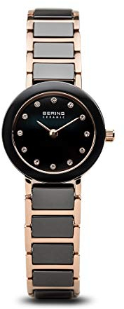 BERING Damen Quarz Uhr | Armbanduhr 22 mm roségoldenes Edelstahlgehäuse und schwarzes Zifferblatt | Edelstahlband mit Keramikelementen | 5 ATM | 11422-746