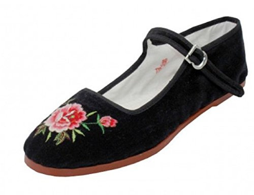 Shoes 18 Womens Cotton China Doll Mary Jane Shoes Ballerina Ballet Flats 118 Black Emb UK 8