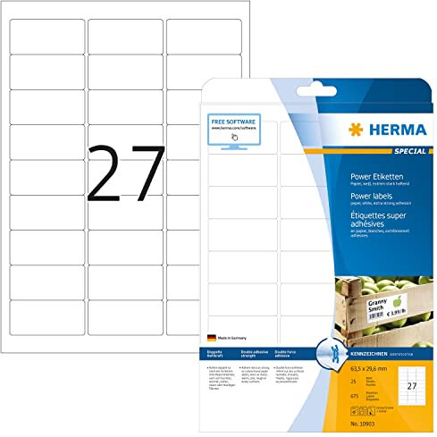 HERMA 10903 Power Etiketten, 25 Blatt, 63,5 x 29,6 mm, 27 pro A4 Bogen, 675 Stück, selbstklebend, bedruckbar, extrem stark haftend, blanko Papier Klebeetiketten Aufkleber, weiß