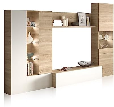 Habitdesign Mueble de Comedor con Leds, Mueble Salon, Modelo Essential, Acabado en Blanco Brillo y Roble Canadian, Medidas: 260 cm (Ancho) x 185 cm (Alto) x 42 cm (Fondo)