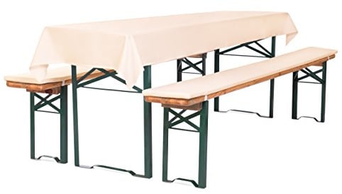 TexDeko® Bierbankauflage gepolstert Auflagenset 220x25x2cm waschbar mit Reißverschluss hochwertige Polsterung 3TLG Set blickdichte Tischdecke 250x100cm (Creme)
