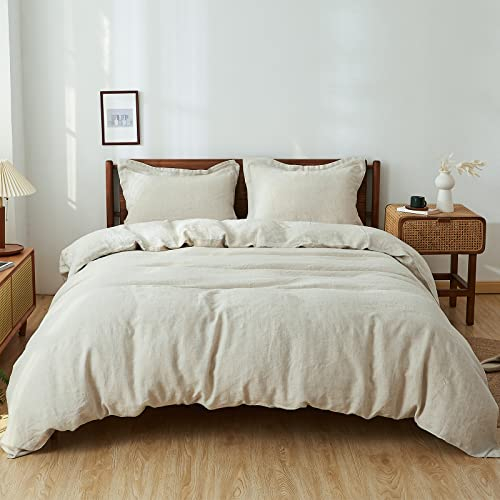 Simple&Opulence Juego de Funda de edredón de 100% Lino, Funda de con 2 Fundas de Almohada, 3 Piezas de Ropa de Cama de Estilo básico de Color sólido con Cierre de botón(Lino,King)