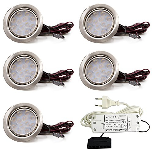 FuturaTrends vislux 5er Set LED Möbelleuchte Einbaustrahler Edelstahl Gebürstet flach 3W warmweiß 3200K 200lm 12V + 15W LED Trafo 230V für das Wohnzimmer, Küche und Bad