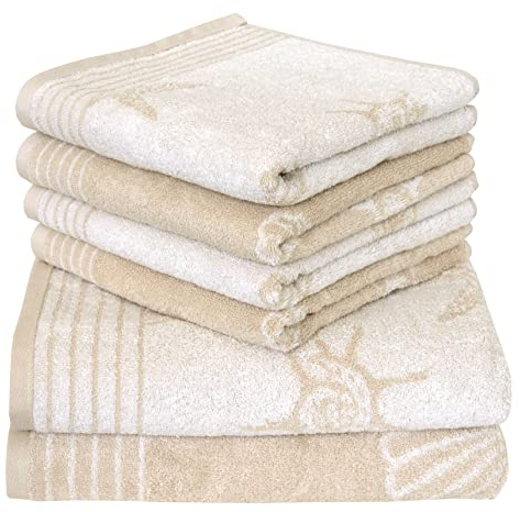 Dyckhoff 6-TLG Frottier Handtücher Set SEASHELL 100% Baumwolle 480 g/m² OEKO-Tex zertifiziert weich saugstark 2x Duschtuch 70x140 cm 4x Handtuch 50x100 cm beige 0764596200