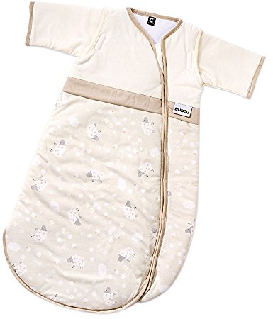 Gesslein Bubou Design 206: Temperaturregulierender Ganzjahreschlafsack, Schlafsack für Babys, Kinder, Größe 110, Beige mit Schafen, Natur