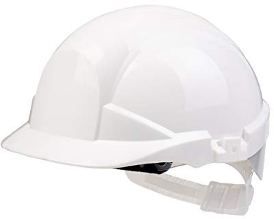 Centurion Safety Products – White/Silver Reflex Safety Helmet – Full Peak Hard Hat with Silver Flash Strip at Rear- Slip Ratchet Fastening Secures Hat on Your Head - Wear All Day – Vented - White