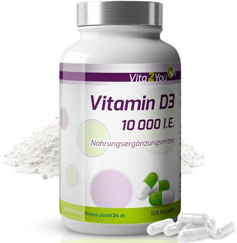 Vita2You Vitamin D3-10.000 IE - 120 Kapseln - Hochdosiert - 10 Tagesdosis - 1000 I.E. pro Tag - Premium Qualität - Made in Germany