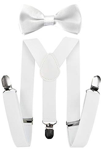 axy Hochwertige Kinder Hosenträger-Y Form mit Fliege- 3 Clips EXTRA STARK-Uni Farben (Weiss)