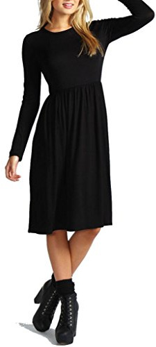 XuBiDuBi ® Women Ladies Long Sleeve Plain Jersey Flared Tea Skater Swing Dress Sizes 8-26 Black