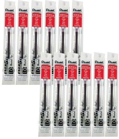 Pentel LR10-B Nachfüllmine für EnerGel-Stifte 0,5 mm Strichstärke, 1,0 mm Kugeldurchmesser, 12 Stück, rot
