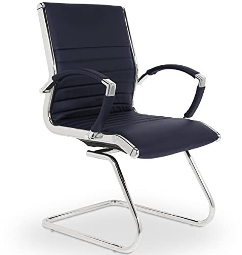 VERSEE Premium Echt-Leder Besucherstuhl Montreal in Dunkelblau mit Armlehne - Freischwinger mit Chrom für Büro und Konferenzräume - Belastbar bis 150kg