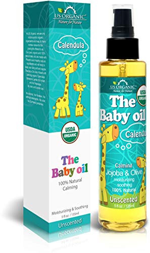 #1 Organic Baby Oil w/ Calendula, Pure Uncsented - USDA Certified Organic, Jojoba & Olive Oil w/ Vitamin E, No Alcohol, Paraben, Artificial Detergents, Color or Synthetic perfumes, US Organic, 5 fl.oz. by US Organic