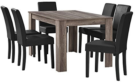 [en.casa] Esstisch Eiche antik mit 6 Stühlen schwarz Kunstleder gepolstert 140x90 Essgruppe Esszimmer