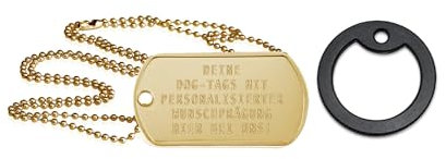 Personalisierte goldfarbene Erkennungsmarke mit eigenem Text | Dog Tag Kette mit Prägung | inkl. Kette & Silencer im Set | Unterschiedliche individuelle Texte und Motive möglich