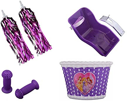 Kids Girls Princess Purple Bike Accessories Glitter Gift Set Pack Dolly Baby Seat, Woven Basket, Tassels & Free Grips Pack