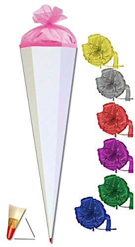 Schultüte - Rohling - Weiß/Pink - 85 cm - incl. Schleife - mit Holzspitze/Filzabschluß - Zuckertüte Roth - zum Basteln, Bemalen und Bekleben Bastelschultü