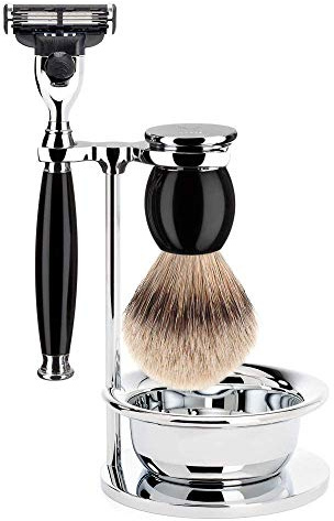 MÜHLE Rasierset mit Schale - Sophist Serie - Silberspitz Dachszupf - kompatibel mit Gillette-Klingen - Edelharz schwarz