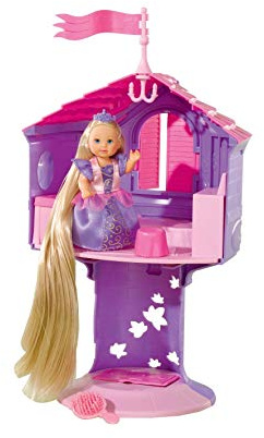 Simba 105731268 - Evi Love Rapunzelturm, Puppe mit extra Langen Haaren, lila Turm zum Bespielen, Ankleidepuppe, 12cm, für Kinder ab 3 Jahren