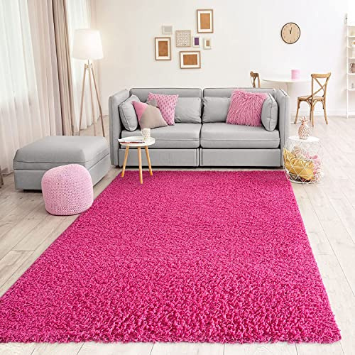VIMODA Teppich Prime Shaggy Hochflor Langflor Einfarbig Modern Pink Rosa für Wohnzimmer, Schlafzimmer, Maße:200 cm Quadrat