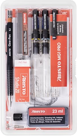 Aristo AR64150 mg1 Pro Tuschefüller Studio Set 8-teilig (3 Tuschefüller mg1 Pro, Strichstärken 0,35/0,5/0,7 mm, Feinminenstift 0,5 mm mit Ersatzminen, Zirkeladapter, Radierer, Zeichentusche schwarz)