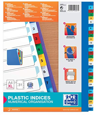 Oxford 100204822 XL Kunststoff-Register Strong-Line 25er Pack Zahlen 1-31 31-teilig Extrabreit für die ideale Ablage von Prospekthüllen