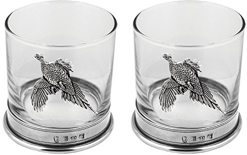English Pewter Company Whisky Tumbler Glass Set with Pewter Base and Pheasant Emblem [PHS105]