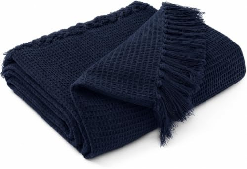 EHC Waffle Cotton Woven Super Giant Sofa Throw, Up to 4 Seater Sofa/Super King Size Bed 250 x 380 cm, Navy Blue