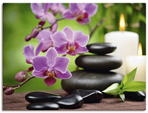 ARTLAND Wanddeko Leinwand Bilder Wandbild 80x60 cm Zen Asien Asiatisch Wellness Spa Kerzenlicht Natur Steine Kirschblüte T5OM