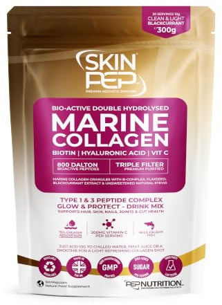Marine Collagen Powder for Women & Men - SkinPep 300g Bio-Active Type 1 & 3 Wild Caught Peptides | Clean Light Taste | Vitamin C, Biotin & Hyaluronic Acid | Hair, Skin & Nails | 10,000mg 30 Servings