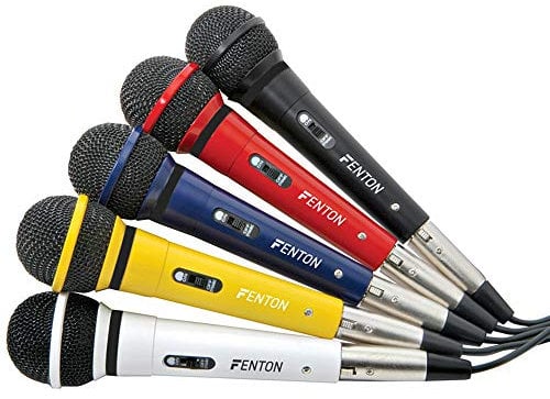 Fenton DM120 Microphone Set of 5, Wired Dynamic Vocal Karaoke Microphones with XLR to 6.3mm Jack Leads, PA Mic Kit for Singing, Stage Performance, DJ, Music Events - Multi-Coloured