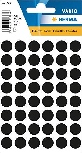 HERMA 1869 Punktaufkleber Klebepunkte schwarz, 240 Stück, Ø 13 mm, 48 pro Bogen, selbstklebend, Markierungspunkte für Kalender Planer Basteln, matt, blanko Papier Farbpunkte Etiketten Aufkleber