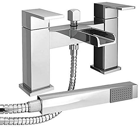 iBathUK Square Waterfall Bath Shower Mixer Filler Tap Kit, Hot and Cold Taps, Dual Lever Tap with Shower Attachment, Square Bathroom and Basin Taps - Chrome,G3/4