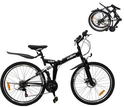 ECOSMO 26 Inch Folding Mountain Bike -21 speed SHIMANO gear system, Dual Suspension,Front Disc Brake, Quick Release Mechanism, Hi-Ten Steel Frame, All Terrain Folding Bicycle (26SF02BL)