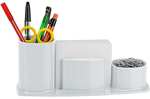 Acrimet Millennium Desk Organizer Cup Caddy – Plastic Desktop Holder for Pen, Pencil, Clips, Desk Accessories & Memo Paper – Includes 200 Sheets of Memo Paper (White Color)
