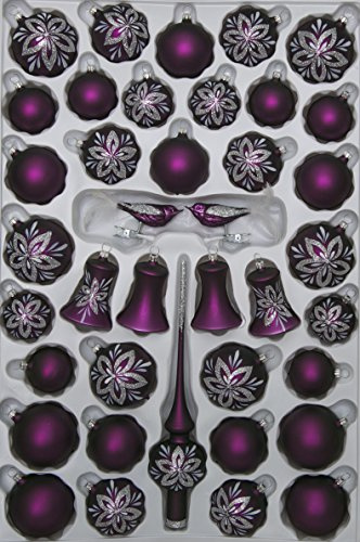 Lauschaer Glas Christbaumschmuck Sortiment mit klingenden Glocken lila matt mit Blumendekor 39 Teile Christbaumschmuck Weihnachtsbaumschmuck mundgeblasen, handdekoriert
