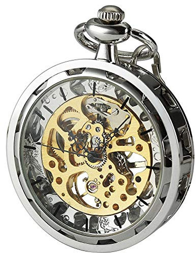 VIGOROSO Klassische Steampunk-Taschenuhr für Herren mit Kette, Skelett, Handaufzug, mechanische Taschenuhr für Damen und Herren, silber, Klassisch