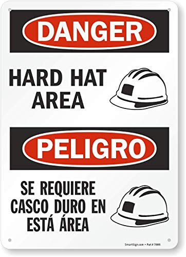 SmartSign Zweisprachiges Schild Danger - Hard Hat Area, Kunststoff, 25,4 x 35,6 cm