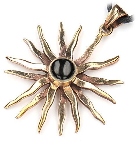 Drachensilber Sonne Schmuck Anhänger mit Onyx gefasst Bronze Kette, Länge mit Öse: 4,5cm, Kettenanhänger inkl. Band, Bronzeschmuck