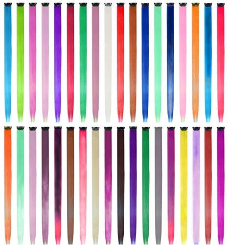 EuTengHao 36 Packs Colored Clip in Hair Extensions 22'' Colorful Straight Hair Extensions Clip in for Women and Kids Multi-Colors Party Highlights Streak Synthetic Hairpieces (36 Colors Set)